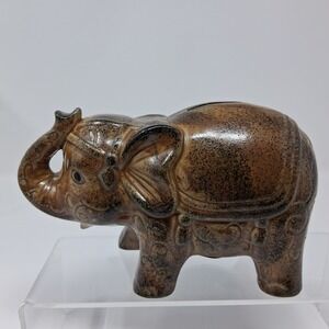 Elephant Piggy Bank Vintage Knobler Ceramic Brown Speckled Glaze Japan Trunk Up